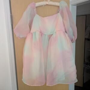 Selkie Pastel Pink & Mint Ombre Puff-Sleeve Midi Dress